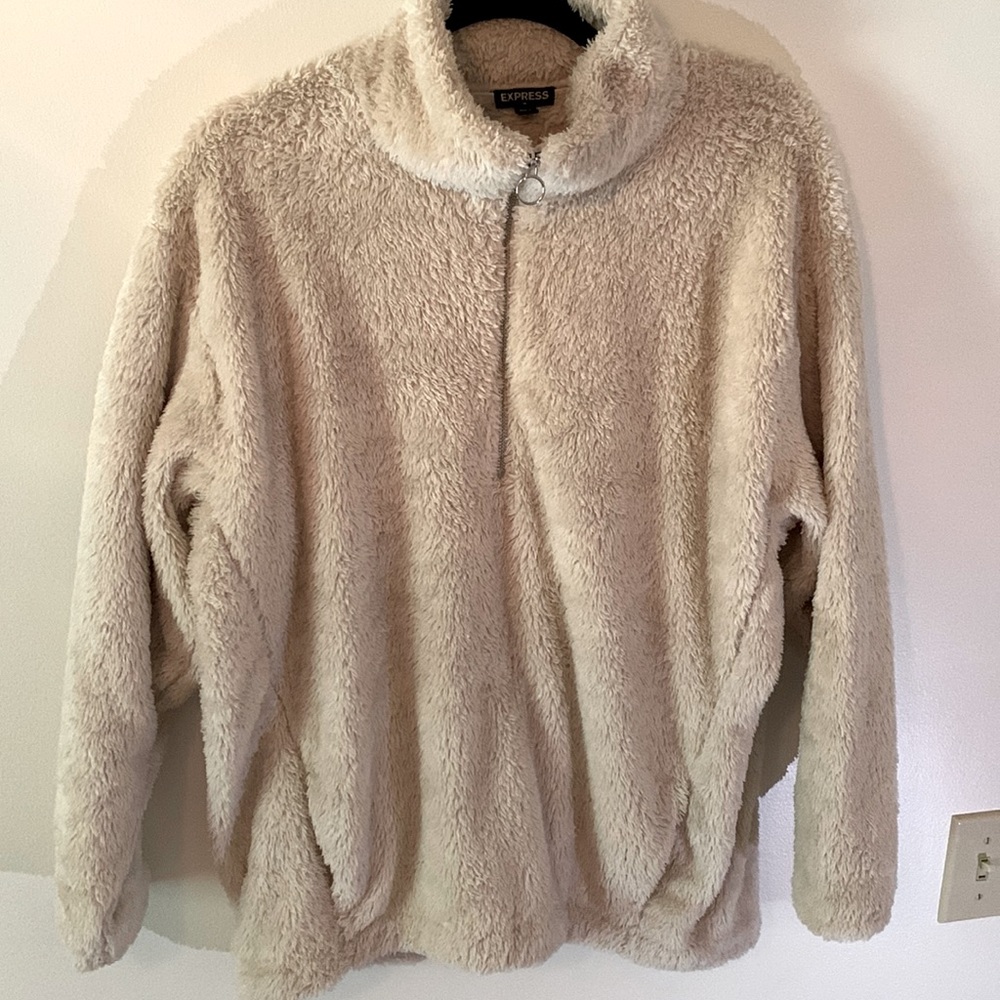 Express small cream fluffy sweater, half zip